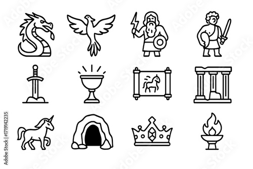 Mythical Symbol Icons. Outline icon set of Myth and legend tourism: dragon icon, phoenix bird, thunder god,