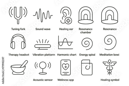 Sonic Healing Icon Set. Outline icon set of Sonic healing technologies: tuning fork, sound wave icon, healing
