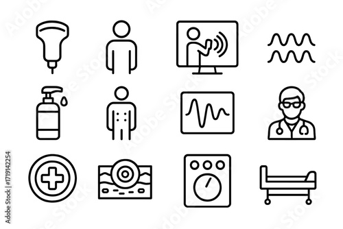 Ultrasound Therapy Icons. Outline icon set of Ultrasound therapy: ultrasound probe, patient figure, therapy