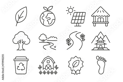 Eco-Heritage Icon Set. Outline icon set of Eco-heritage tourism: green leaf, eco globe, solar panel, bamboo