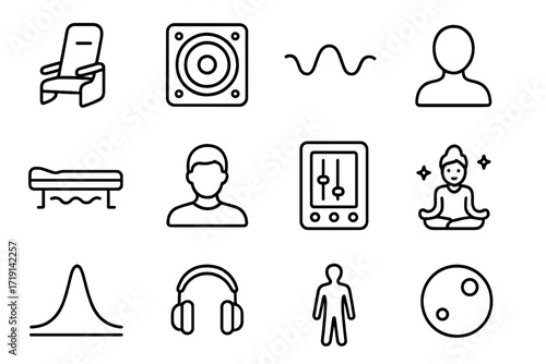 Vibroacoustic Therapy Icons. Outline icon set of Vibroacoustic therapy: sound chair, subwoofer icon,