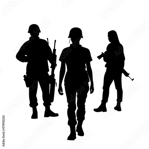Female soldier silhouette vector on white background, person in the battle, military people concept.
