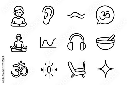Sonic Meditation Icons. Outline icon set of Sonic meditation: meditation avatar, ear icon, soft wave, mantra