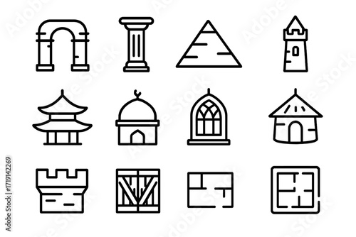 Ancient Architecture Icons. Outline icon set of Ancient architecture in VR: Roman arch, Greek column, pyramid,