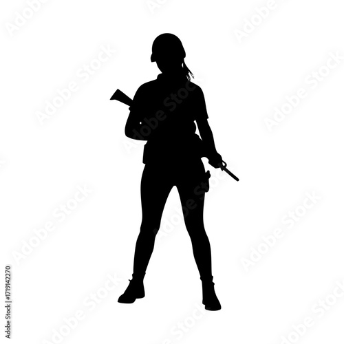 Female soldier silhouette vector on white background, person in the battle, military people concept.
