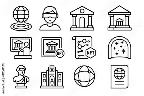 Future Heritage Metaverse Icons. Outline icon set of Future heritage metaverse: hologram globe, VR avatar,