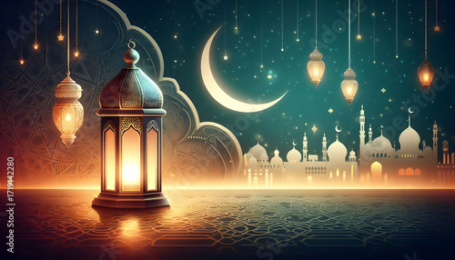 crescent moon at night with lantern decoration during Ramadan night