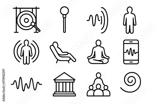 Gong Therapy Icons. Outline icon set of Gong therapy: gong circle, mallet icon, sound wave, standing figure,