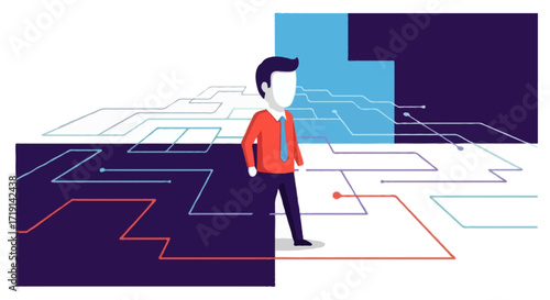 Flat vector conceptual design, faceless character walking through a maze, abstract geometric background, minimal and modern metaphor illustration for problem solving