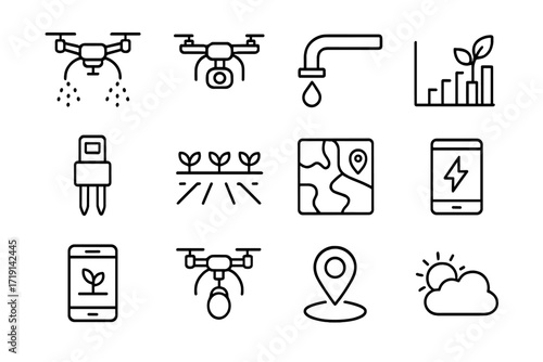 Drone Farming Icons Grid. Outline icon set of Drone-assisted farming: drone sprayer, monitoring camera,