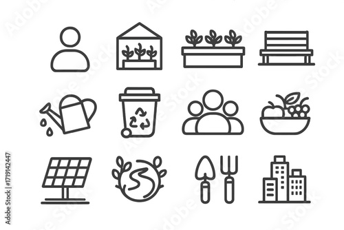 Sky Community Gardens Icons. Outline icon set of Sky community gardens: people icon, shared greenhouse,