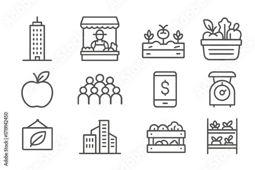 Urban Market Icon Set. Outline icon set of High-rise food markets: urban tower, farmer stall, rooftop produce,