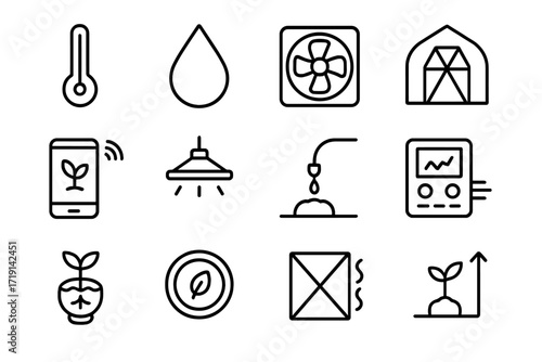Climate Farm Icons. Outline icon set of Climate-controlled farms: thermometer icon, humidity drop, HVAC fan,