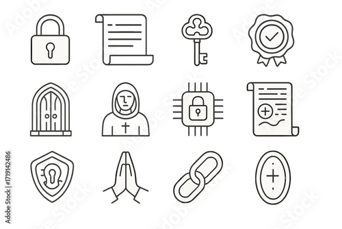 Sacred Cryptography Icons. Outline icon set of Sacred cryptography: lock icon, parchment scroll, secret key,