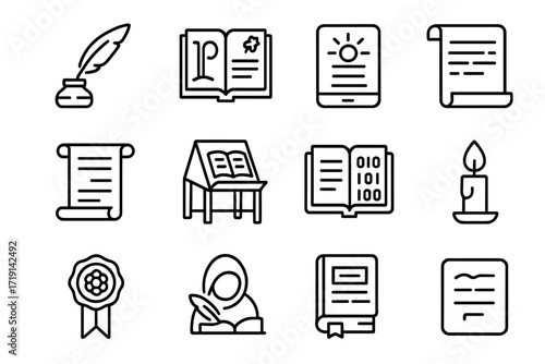 Crypto-Scriptoria Icon Set. Outline icon set of Crypto-scriptoria: ink quill, illuminated manuscript, glowing