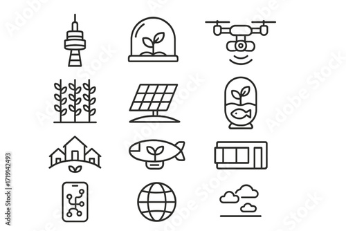Futuristic Farming Icons. Outline icon set of Future sky farming visions: futuristic tower, glass dome,
