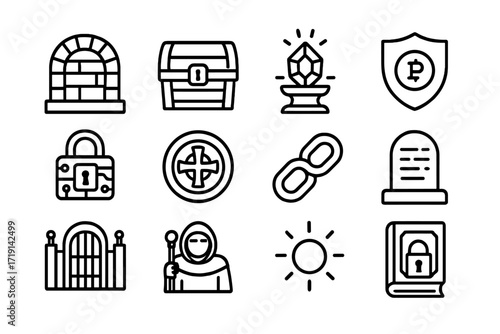 Digital Relic Icons. Outline icon set of Digital relic vaults: stone vault, locked chest, glowing relic,