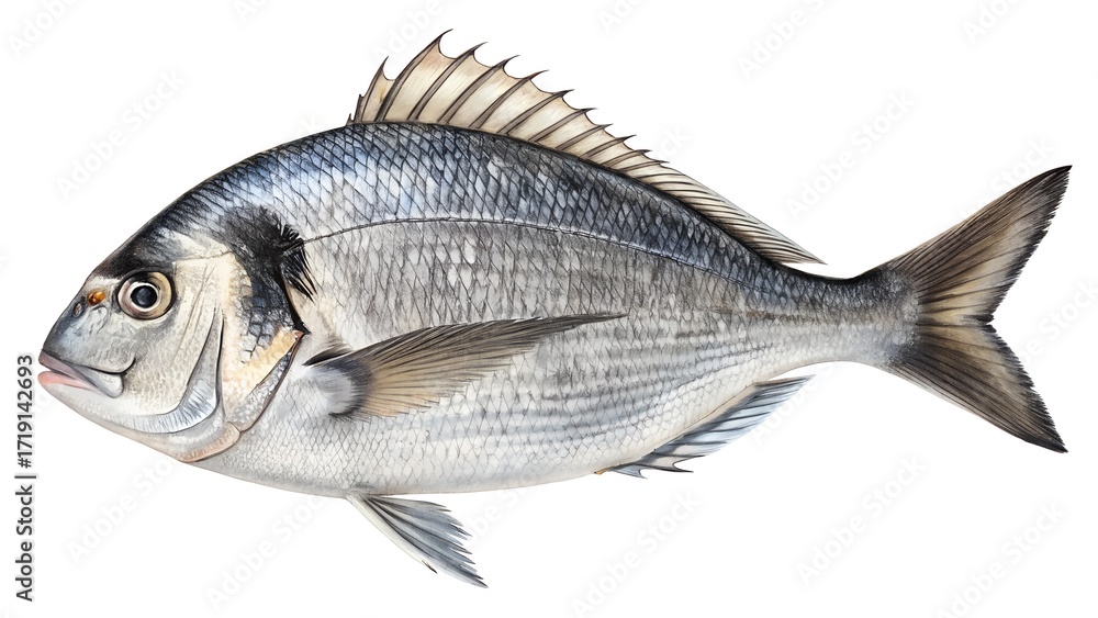 Obraz premium Detailed illustration of sea bream-style fish with silvery scales, spined dorsal fin, and anatomical features on white background