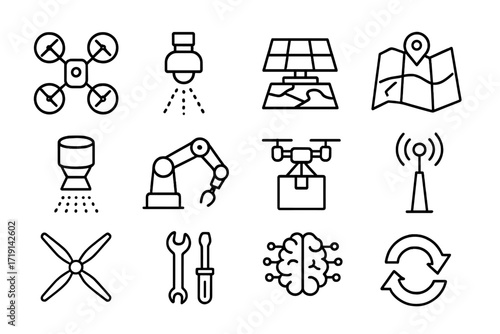 Terraforming Drone Icons. Outline icon set of Terraforming drones: quadcopter drone, spraying nozzle, solar