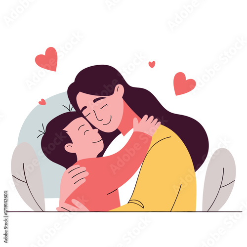 Affectionate mother and child hugging with love and hearts.