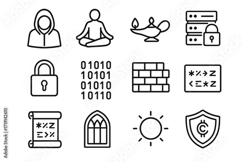 Ascetic Data Icon Set. Outline icon set of Ascetic data sanctums: hooded monk, meditation icon, sacred lamp,