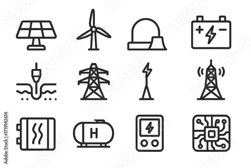 Martian Energy Icons. Outline icon set of Martian energy systems: solar array, wind turbine, nuclear reactor,