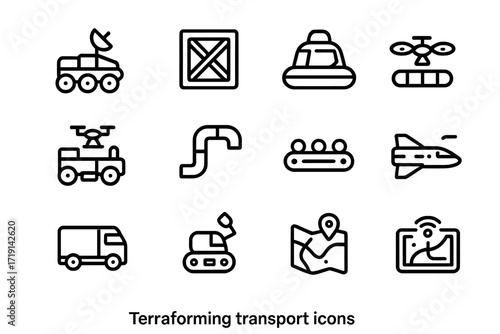 Terraforming Transport Icons. Outline icon set of Terraforming transport: rover vehicle, cargo crate,