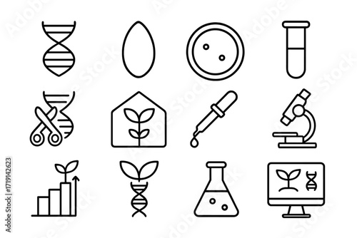 Genetic Plant Lab Icons. Outline icon set of Genetic plant labs: DNA helix, seed pod, petri dish, test tube,