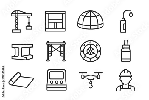 Dome Construction Tools. Outline icon set of Dome construction tools: crane arm, modular panel, glass dome,