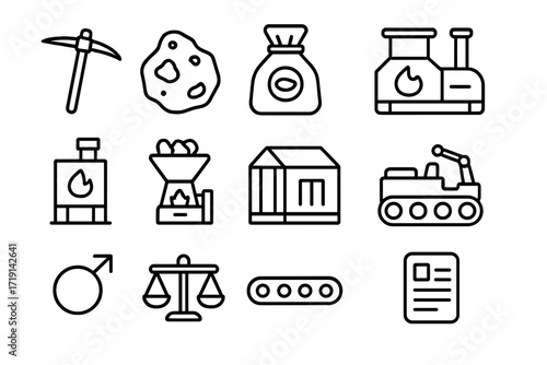 Mars Resource Icons. Outline icon set of Mars resource tools: mineral pickaxe, ore sample, regolith bag,