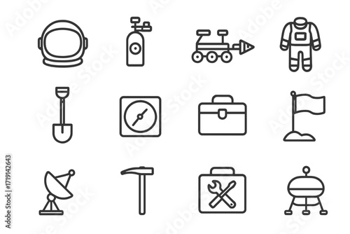 Mars Exploration Gear Icons. Outline icon set of Mars exploration gear: astronaut helmet, oxygen tank, rover