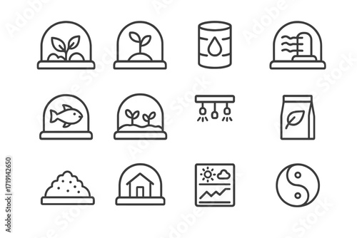 Terraforming Icons Grid. Outline icon set of Terraforming bio-domes: ecosystem dome, tree sprout, water tank,