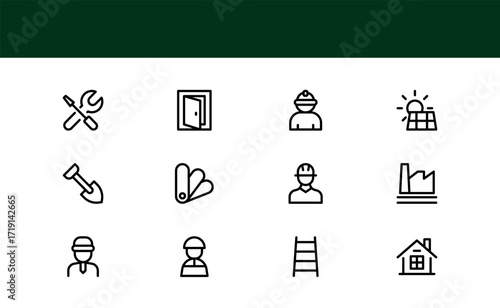 Professional Construction Icon Collection with Minimal Line Art for Equipment, Safety Gear, and Building