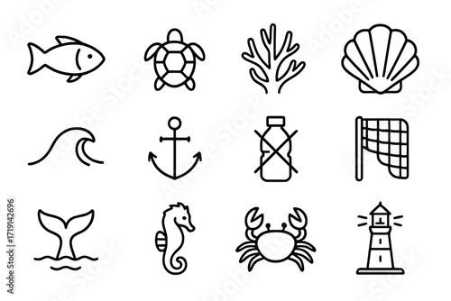 Ocean Protection Icons. Outline icon set of Ocean protection: fish, turtle, coral, seashell, water wave,