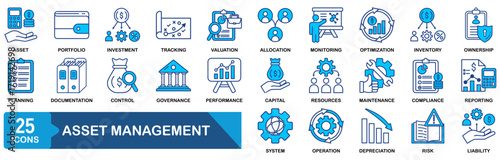 Asset Management icon collection set. Containing asset,portfolio,investment,tracking,valuation,allocation,monitoring,optimization,inventory,ownership icon. dual tone vector. 