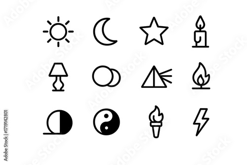 Light and Dark Icons. Outline icon set of Light vs dark contrasts: sun, moon, star, candle, lamp, eclipse,