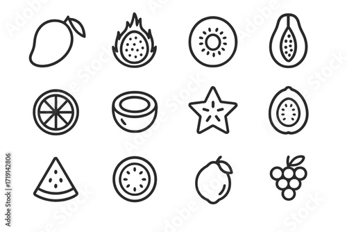 Exotic Fruit Icons. Outline icon set of Exotic fruits contrasts: mango, dragon fruit, kiwi, papaya, orange