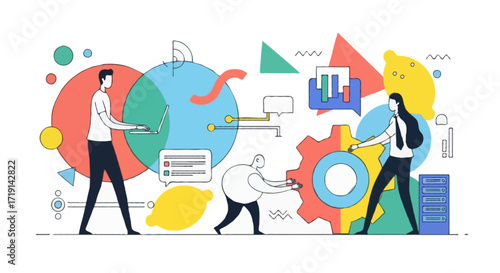 Flat vector illustration in Corporate Memphis style, faceless characters with exaggerated proportions, playful geometric shapes in the background