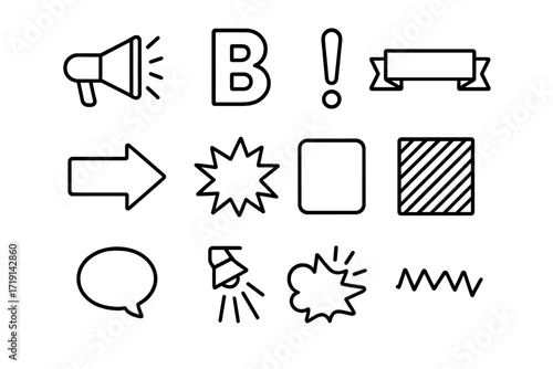 Poster Icon Set. Outline icon set of Poster contrasts: megaphone, bold letters, exclamation mark, banner,