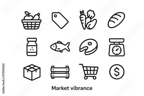 Market Icon Set. Outline icon set of Market vibrance: fruit basket, price tag, vegetables, bread loaf, spice