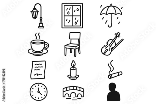 Melancholic Icon Set. Outline icon set of Melancholic nights: streetlamp, rainy window, umbrella, coffee cup,