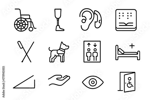 Disability Inclusion Icons. Outline icon set of Disability inclusion: wheelchair, prosthetic leg, hearing aid,