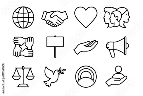 Icons of Unity. Outline icon set of Racial inclusion: globe, handshake, heart, diverse faces, unity chain,