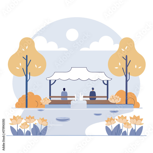 Relaxing gazebo with people sitting by a fountain in a tranquil autumn park.
