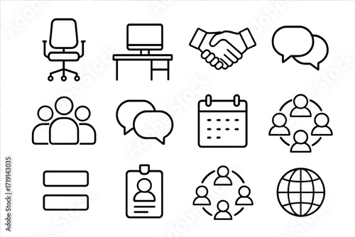 Workplace Diversity Icons. Outline icon set of Workplace diversity: office chair, desk, computer, handshake,