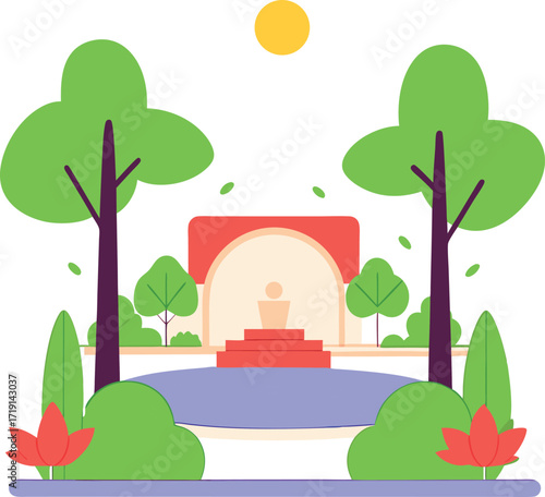 Calm spiritual garden with Buddha statue and trees.