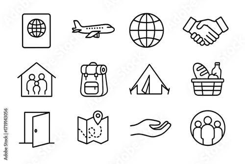 Refugee Inclusion Icons. Outline icon set of Refugee inclusion: passport, airplane, globe, handshake, shelter,