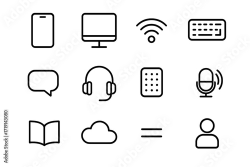 Digital Inclusion Icons. Outline icon set of Digital inclusion: smartphone, computer, Wi-Fi symbol, keyboard,