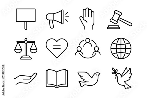 Social Justice Icons. Outline icon set of Social justice: protest sign, megaphone, raised hand, justice gavel,