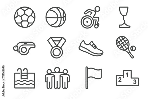 Inclusive Sports Icons. Outline icon set of Inclusive sports: football, basketball, wheelchair race,